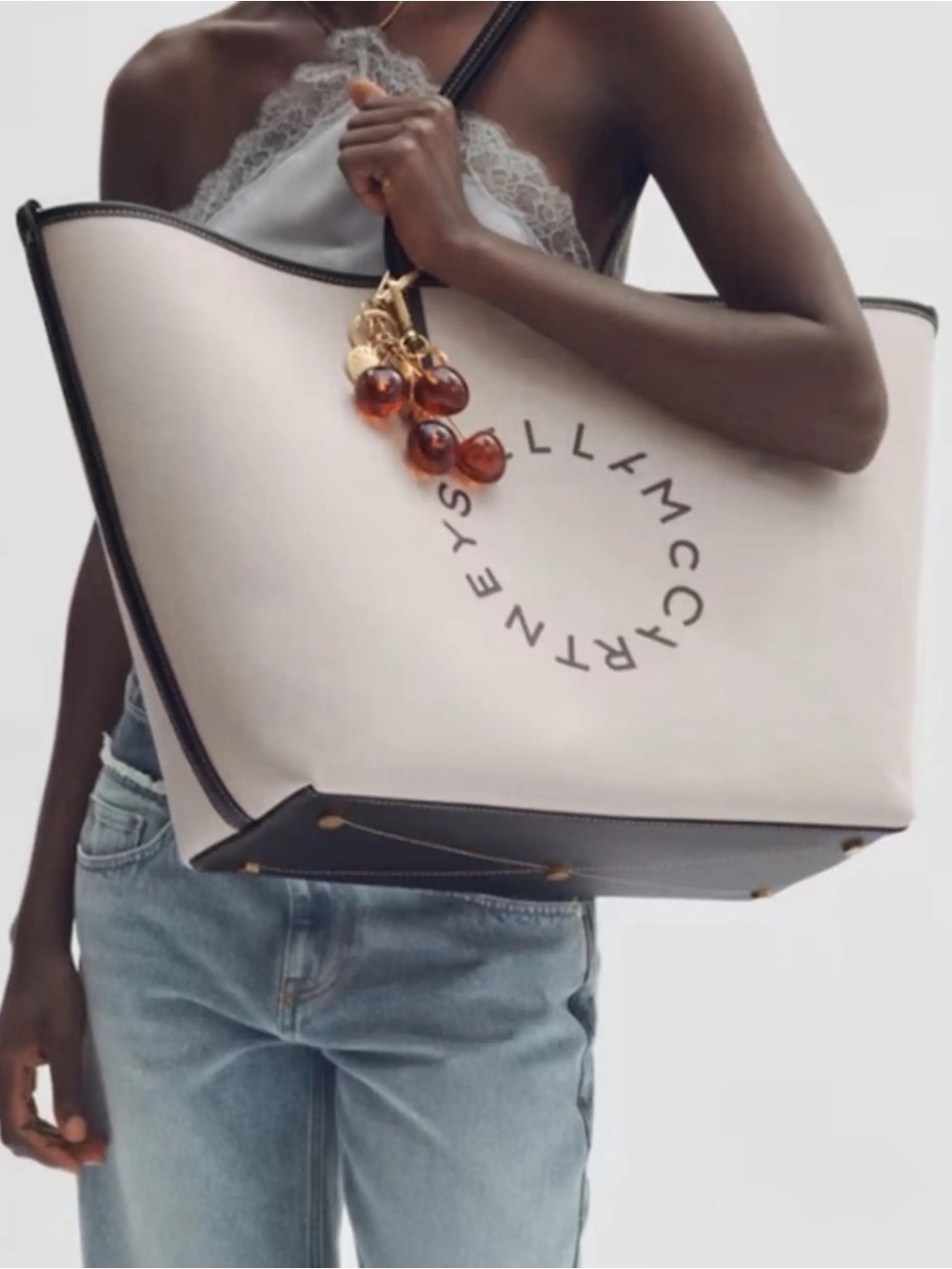 Stella McCartney x H&M Cream and Black Logo Tote with Amber Charm